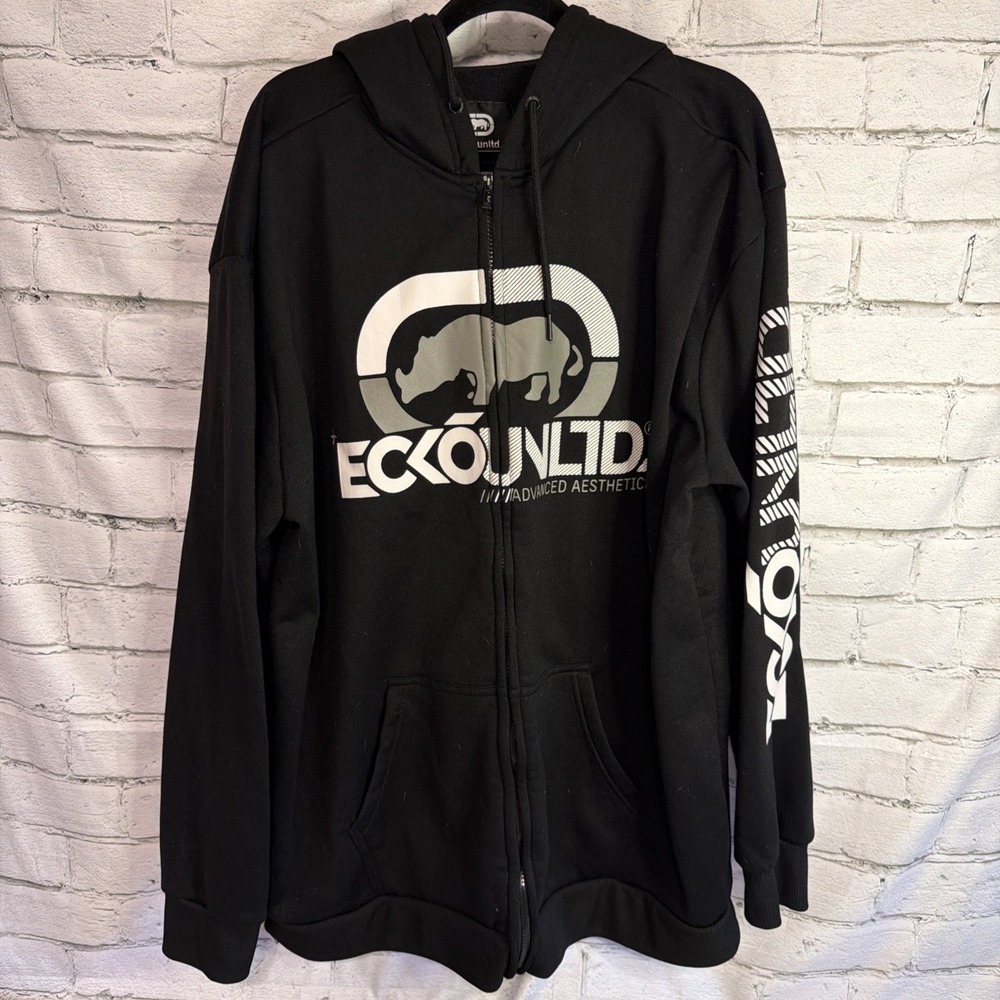 VTG Ecko Unltd Hoodie Sweatshirt Mens 3XL Black Fleece Lined Full Zip Hip Hop